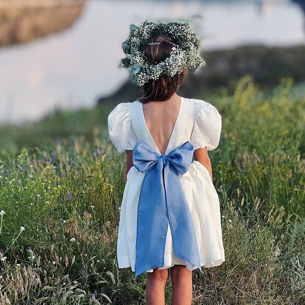 Boho toddler flower girl dress with bow, Dusty blue bohemian flower girl dress, Ivory girls dress