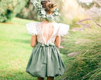 Sage green linen flower girl dress with bow, Boho flower girl dress toddler, Boho first birthday dress, Bohemian flower girl dress