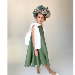 Sage green flower girl dress with bow, Linen flower girl dress for toddler, First communion dress