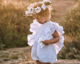 Battesimo o pagliaccetto di lino bianco, vestito boho per il primo compleanno per bambina