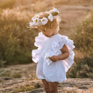 White linen baptism or christening romper, First birthday boho outfit for baby girl