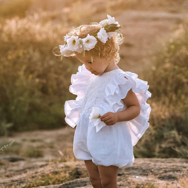 Combi-short de baptême ou de baptême en lin blanc, tenue bohème premier anniversaire pour bébé fille