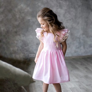 Pink Organic Cotton Flower Girl Dress: Flutter Sleeve Boho Beach Dress