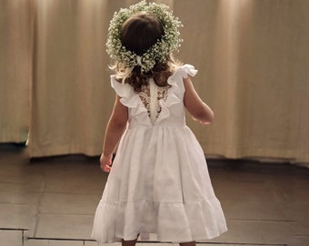 Boho Linen Christening Dress: White Lace Flower Girl Dress
