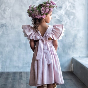 Linen flower girl dress with bow, Boho flower girl dress, Boho first birthday dress