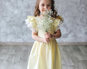 Kids Cotton Dress with short sleeves, yellow dress with ruffles for girls, babys dress with flounces, peasant dress, flower girl dress