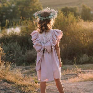 Boho Linen Flower Girl Dress: Mauve Rustic Dress with Bow