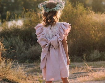 Boho linen flower girl dress with bow, Toddler flower girl dress mauve, Bohemian flower girl dress, Rustic flower girl dress