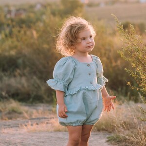 Cake smash outfit girl, First birthday romper girl, Baby girl linen romper