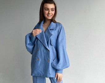 Dusty blue linen loose jacket