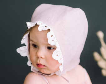 Bonnet pour bébé en lin avec bord, bonnet à bords à volants, chapeau de soleil pour bébé fille en lin, bonnet de soleil bébés, bonnet de bébé vintage, chapeau d'été bébé