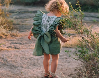 Sage Green Linen Baby Romper: Boho Ruffle Cake Smash Outfit