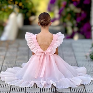 Bohemian organza flower girl dress with bow, First communion dress, 1st birthday dress