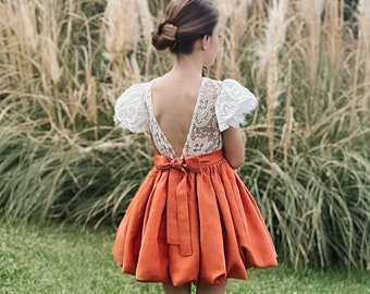 Terracotta lace flower girl dress, Linen flower girl dress toddler, Burnt orange flower girl dress, Boho flower girl dress