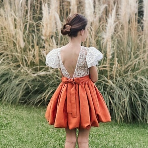 Terracotta lace flower girl dress, Linen flower girl dress toddler, Burnt orange flower girl dress, Boho flower girl dress Rust / Burnt orange