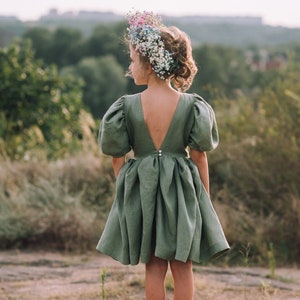 Sage green boho flower girl dress, Boho first birthday outfit, Girl linen dress