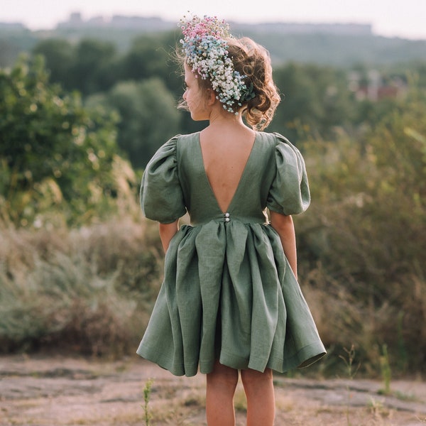 Robe de demoiselle d'honneur en lin vert sauge : tenue d'anniversaire bohème à manches bouffantes