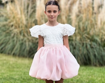 Ivory Lace Flower Girl Dress: Blush Tulle Balloon Skirt