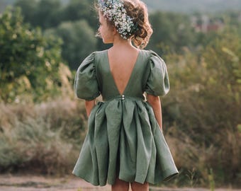 Sage Green Linen Flower Girl Dress: Boho Puffy Sleeve Birthday Outfit