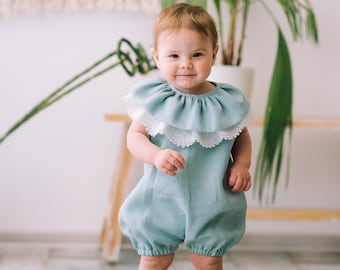 Baby girl linen romper, Baby shower gift ideas, Baby girl bubble romper, Boho baby romper, Birthday romper, Linen clothes, Photoshoot outfit