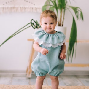 Baby girl linen romper, Baby shower gift ideas, Baby girl bubble romper, Boho baby romper, Birthday romper, Linen clothes, Photoshoot outfit Blue - green