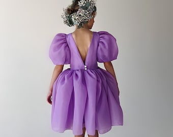 Dusty Purple Flower Girl Dress: Lilac Lace, Organza Puffy Sleeves
