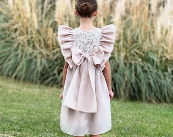 Boho Lace Flower Girl Dress: Champagne Tulle Dress with Bow