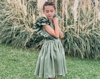 Sage Green Linen Flower Girl Dress: Boho Rustic Toddler Dress
