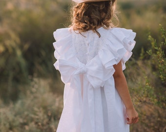 Ivory flower girl dress, Baptism dress for toddler girl, Flower girl dress with bow, Toddler flower girl dress white, Boho flower girl dress