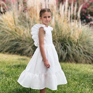 First communion dress, Ivory boho flower girl dress with bow, Boho baptism dress, Girls christening gown, Junior bridesmaid dress