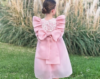 Blush Tulle Flower Girl Dress: Boho Lace, Big Bow