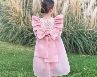 Boho flower girl dress with bow, Blush tulle flower girl dress, Toddler lace flower girl dress, Rustic flower girl dresses