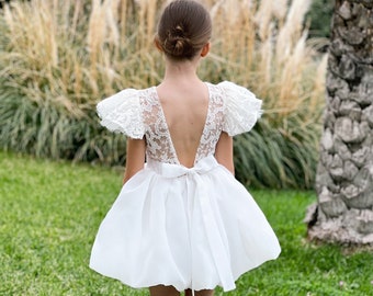 Ivory lace flower girl dress bow, Boho flower girl dress, First communion dress, Bohemian flower girl dress, First birthday dress