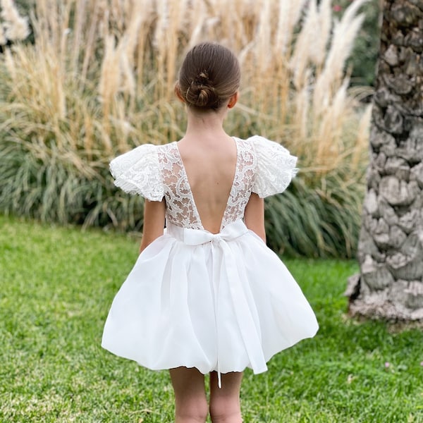 Ivory lace flower girl dress bow, Boho flower girl dress, First communion dress, Bohemian flower girl dress, First birthday dress