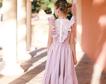 Boho Linen Flower Girl Dress: Dusty Pink Lace Bohemian Dress