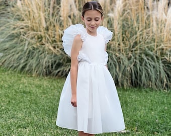 Ivory Lace Flower Girl Dress: Ruffle Organza Boho Communion Dress