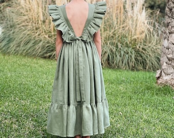 Salbeigrünes Leinen Blumenmädchen Kleid: Boho Kleinkind Kleid mit Schleife