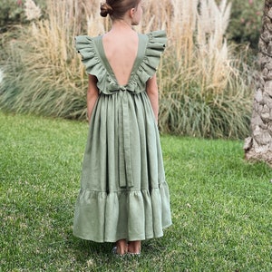 Sage green linen dress with bow, Boho flower girl dress toddler, Bohemian flower girl dress, Boho first birthday dress, Girls linen dress