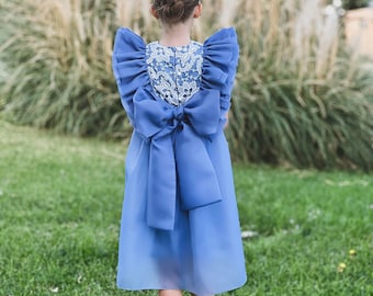 Dusty blue boho flower girl dress with bow, Bohemian flower girl dress, Tulle flower girl dress toddler, First birthday dress