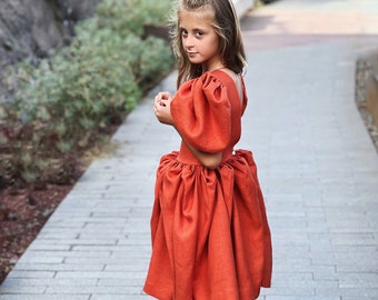 Rust linen flower girl dress, Terracotta toddler dress, Beach flower girl dress