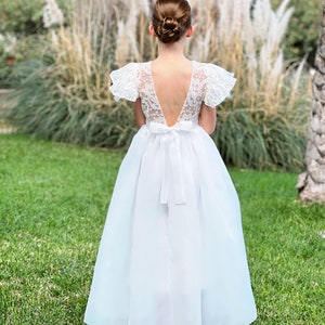 Lace flower girl dress with sash, Bohemian flower girl dress with bow, Tea length flower girl dress, Boho flower girl dress