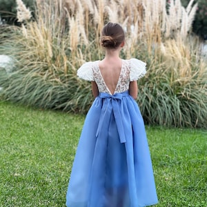 Lace Flower Girl Dress: Ivory Bodice, Dusty Blue Organza Skirt