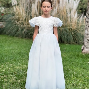 Vestido de primeira comunhão, Vestido boho marfim para florista com laço, Vestido de renda para florista infantil, Vestido de 1º aniversário, Vestido de batismo para meninas