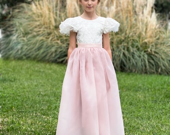 Ivory Lace Flower Girl Dress: Blush Tulle Skirt, Rustic Wedding