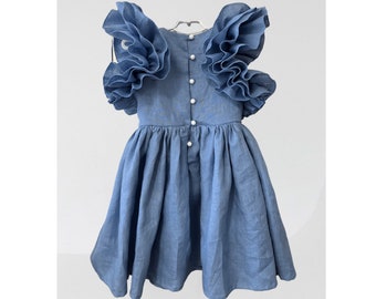 Vestido de niña de flores azul polvoriento, vestido de lino para niños pequeños, vestido de niña de flores Boho, vestido de niña de flores azul acero, vestido de niño para boda