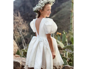 Ivory Linen Flower Girl Dress: Boho Puffy Sleeve Baptism Dress