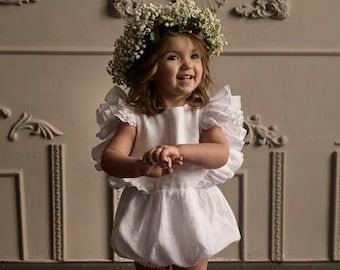 White linen baptism or christening romper, First birthday boho outfit for baby girl