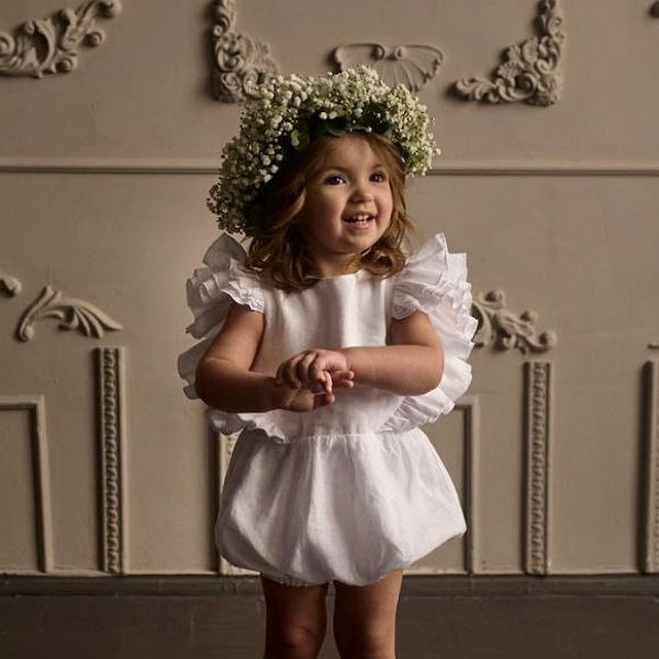 White linen baptism or christening romper, First birthday boho outfit for baby girl