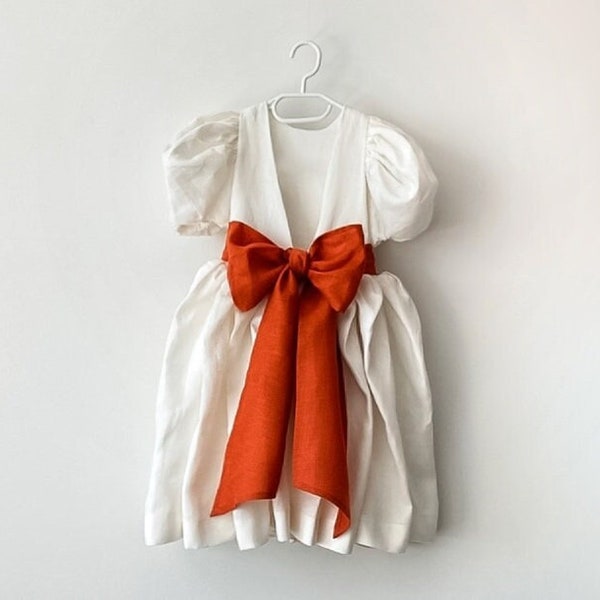 Terracotta linen flower girl dress with sash, Ivory boho flower girl dress toddler, First communion dress