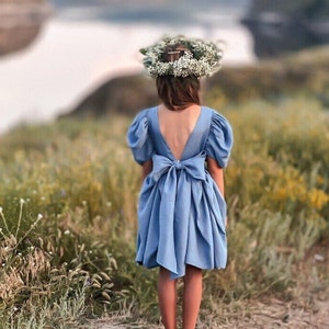 Dusty blue flower girl dress with bow on back, Occasion girl dresses, Boho flower girl dress, Linen toddler dress